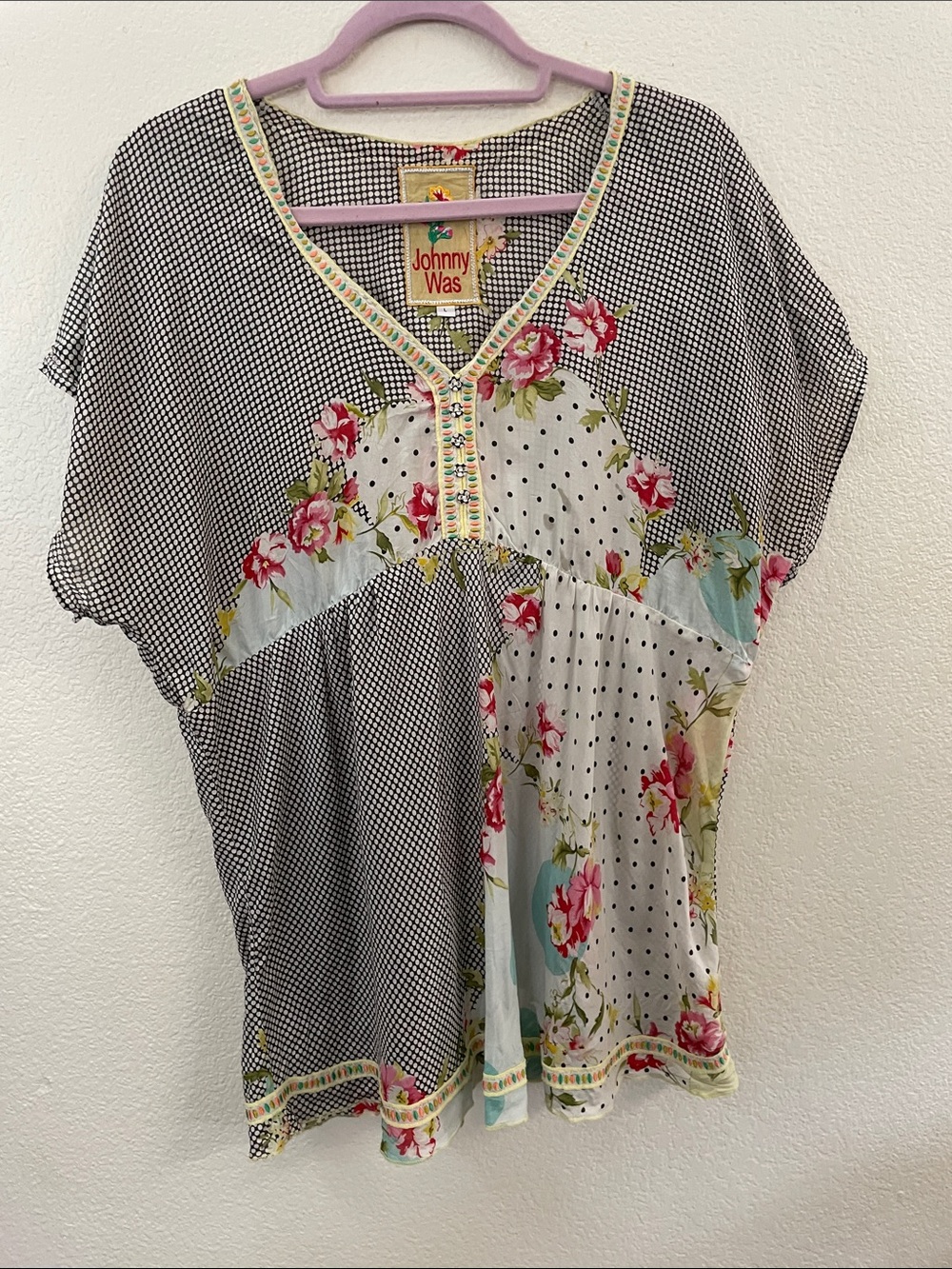 Johnny Was 100% silk Black & White Polka Dot Tunic romantic feminine 23x30 L